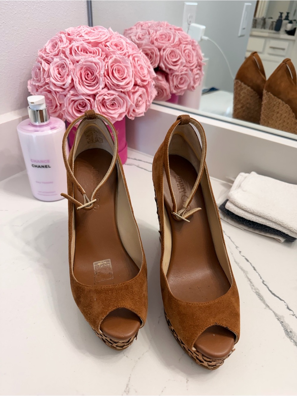 Jimmy Choo Tan Suede Wedge Sandals with Cork Platform - Picture 6 of 7